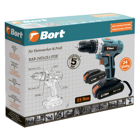 Дрель-шуруповерт аккумуляторная BORT BAB-24Ux2Li-FDK (2x2,0А.ч)
