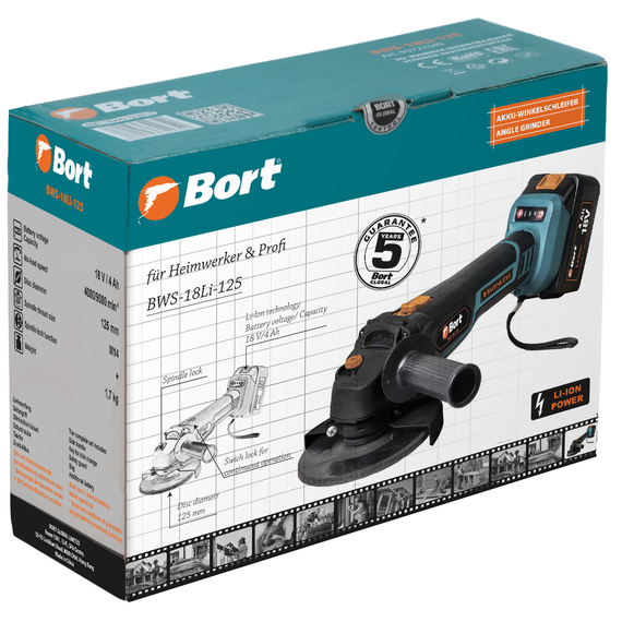 Машина шлифовальная угловая аккумуляторная BORT BWS-18Li-125 (2*4Ач+ЗУ)