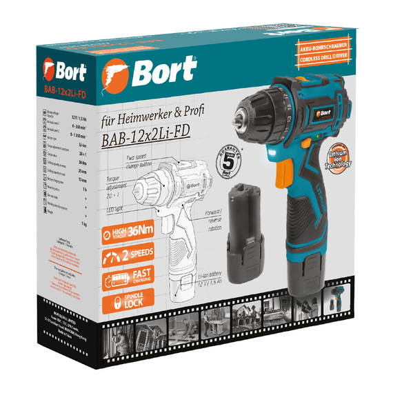 Дрель-шуруповерт аккумуляторная BORT BAB-12x2Li-FD (2x1,5 Ач+ЗУ)