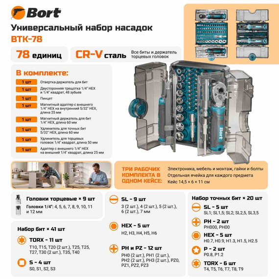 Набор ручного инструмента BORT BTK-78